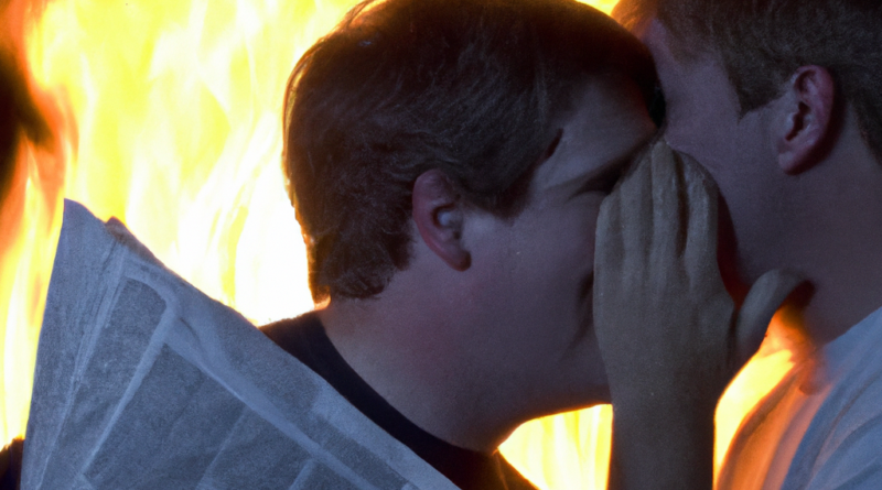 One person whispering in the ear of a newspaper reader, distracting him while the world burns