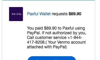 Scam email message for Paxful Wallet scam