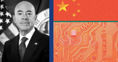 Secretary Mayorkas next to a Chinese flag and an image of a semiconductor
