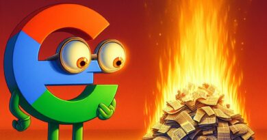 Google logo cariacture warms himself by the wortmth of a pile of burning newspapers