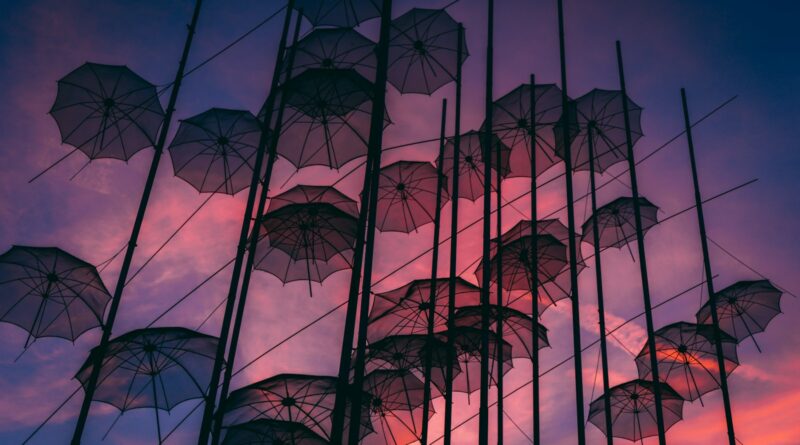 black hanging umbrellas art