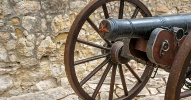 a close up of a cannon on a stone ground