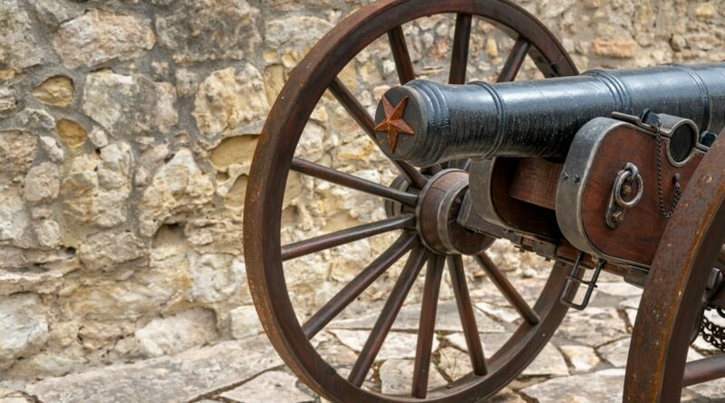 a close up of a cannon on a stone ground