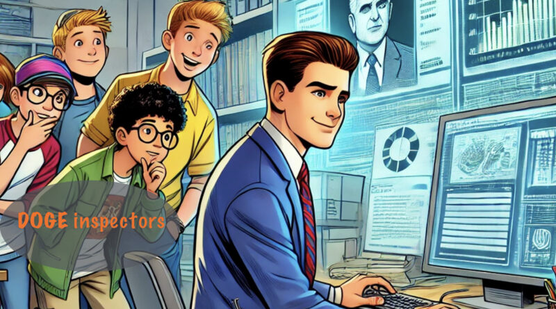 Teenagers, representing representatives of DOGE, oversee and government worker on a desktop computer.