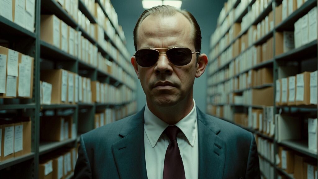 ai generated, agent, archives, storage, paperwork, suit, cinematic, sunglasses, tie, serious, portrait, handsome, boss, man