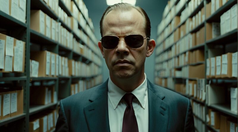 ai generated, agent, archives, storage, paperwork, suit, cinematic, sunglasses, tie, serious, portrait, handsome, boss, man
