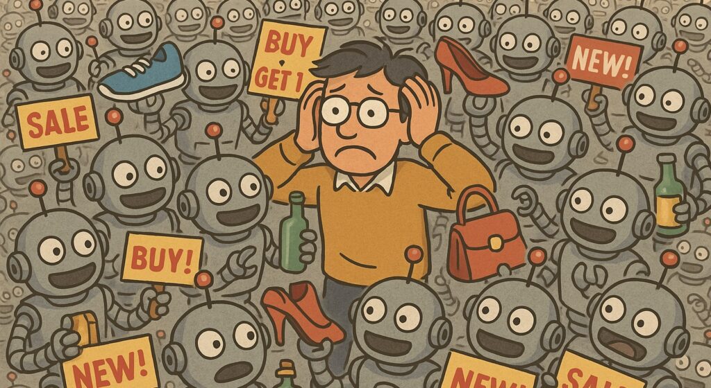A man is besieged by robots offering products, sevices and scams