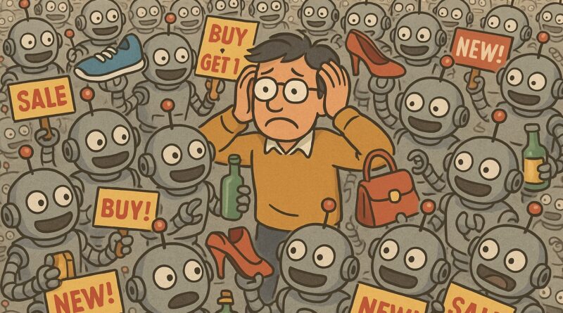 A man is besieged by robots offering products, sevices and scams