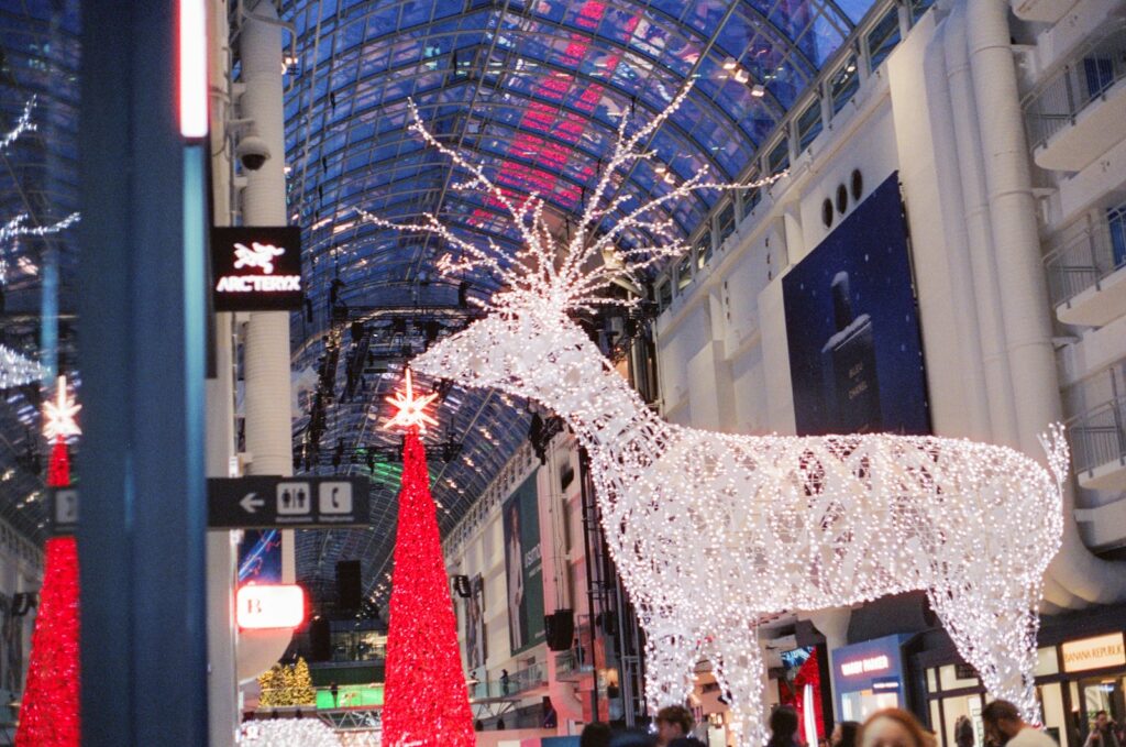 Christmas reindeer decoration inside a modern building.