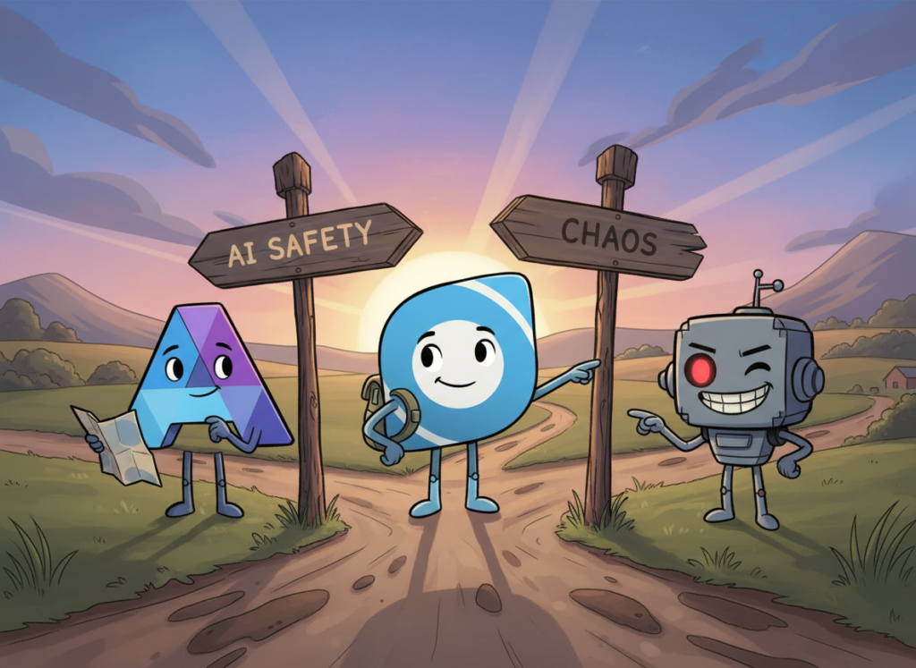 A-cartoon-image-of-the-logos-for-OpenAI-Anthropic-and-Grok-standing-at-a-crossroads