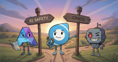 A-cartoon-image-of-the-logos-for-OpenAI-Anthropic-and-Grok-standing-at-a-crossroads