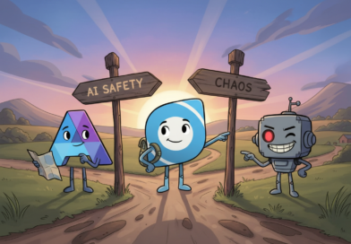 A-cartoon-image-of-the-logos-for-OpenAI-Anthropic-and-Grok-standing-at-a-crossroads