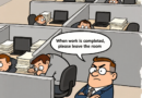 Workers hide under their desks while boss tries to clear the room