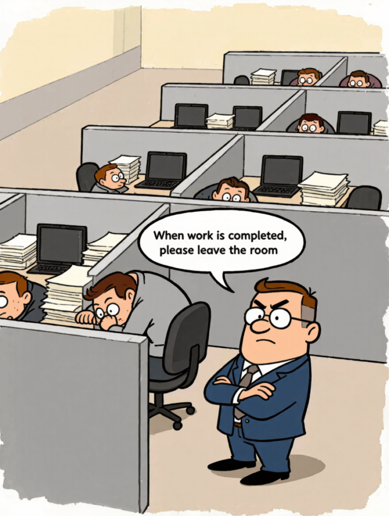 Workers hide under their desks while boss tries to clear the room