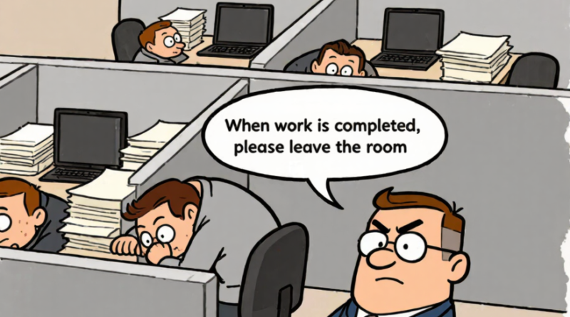 Workers hide under their desks while boss tries to clear the room