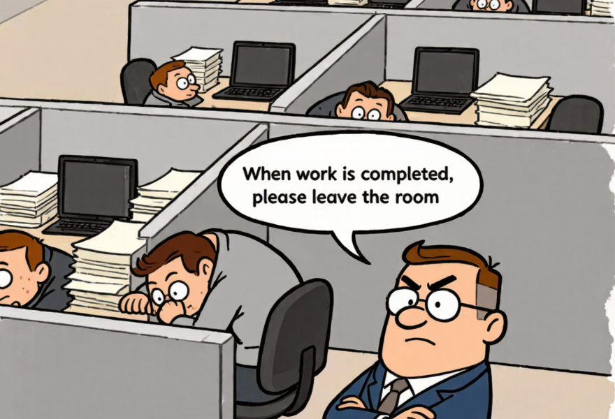 Workers hide under their desks while boss tries to clear the room