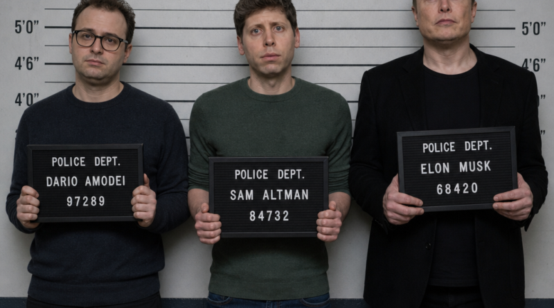 Dario Imodei, Sam Altman and Elon Musk imagined in police line up