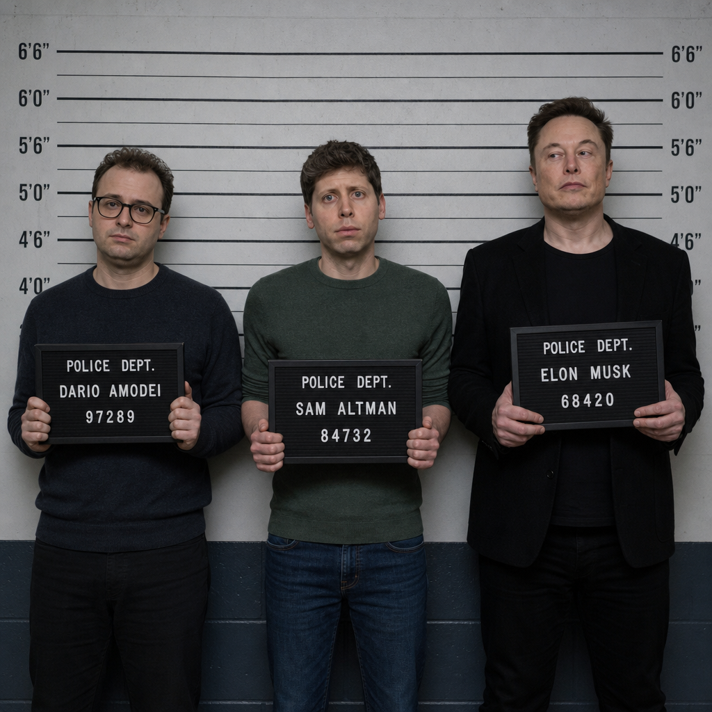 Dario Imodei, Sam Altman and Elon Musk imagined in police line up
